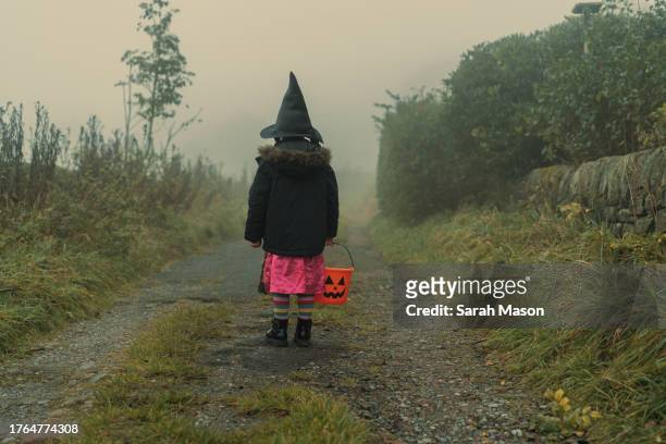 small child from behind dressed as witch holding pumpkin bucket for trick or treating - sarah green stock pictures, royalty-free photos & images