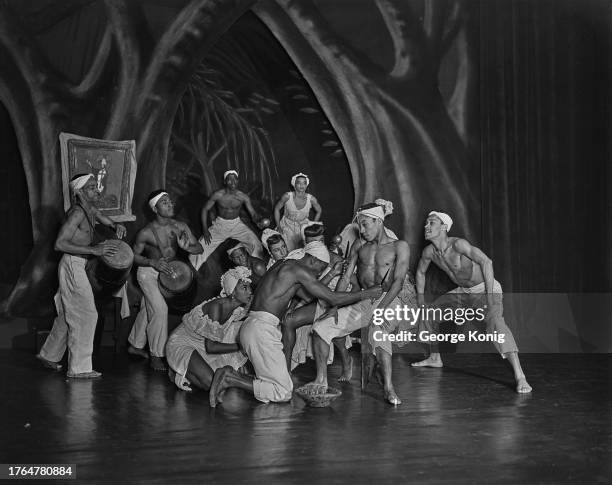 Costumed drummers and dancers performing in Katherine Dunham's 'A Caribbean Rhapsody' at the Prince of Wales Theatre in London, June 1948.