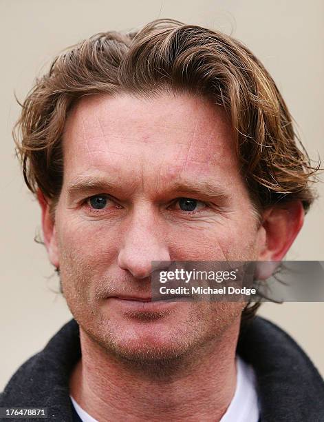 Essendon Bombers coach James Hird speaks to the media at his home in Toorak on August 14, 2013 in Melbourne, Australia. The AFL last night announced...