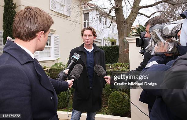 Essendon Bombers coach James Hird speaks to the media at his home in Toorak on August 14, 2013 in Melbourne, Australia. The AFL last night announced...