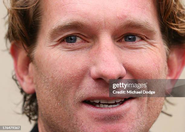 Essendon Bombers coach James Hird speaks to the media at his home in Toorak on August 14, 2013 in Melbourne, Australia. The AFL last night announced...