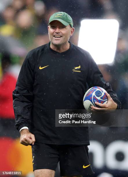 Jacques Nienaber, Head Coach of South Africa, looks on prior to the Rugby World Cup France 2023 Gold Final match between New Zealand and South Africa...