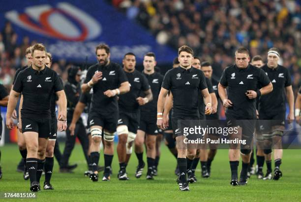 Beauden Barrett and Scott Barrett of New Zealand look on prior to the Rugby World Cup France 2023 Gold Final match between New Zealand and South...
