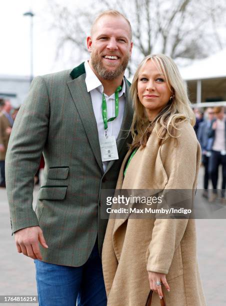 James Haskell and Chloe Madeley attend day 1 'Champion Day' of the Cheltenham Festival at Cheltenham Racecourse on March 15, 2022 in Cheltenham,...