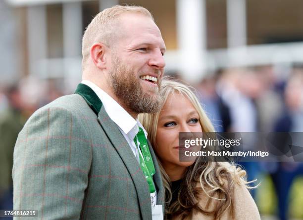 James Haskell and Chloe Madeley attend day 1 'Champion Day' of the Cheltenham Festival at Cheltenham Racecourse on March 15, 2022 in Cheltenham,...