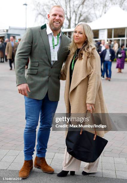 James Haskell and Chloe Madeley attend day 1 'Champion Day' of the Cheltenham Festival at Cheltenham Racecourse on March 15, 2022 in Cheltenham,...