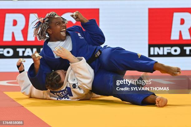 France's Romane Dicko celebrates after defeating Israel's Raz Hershko in the women's +78 kg during the European Judo Championships 2023 at the Sud de...