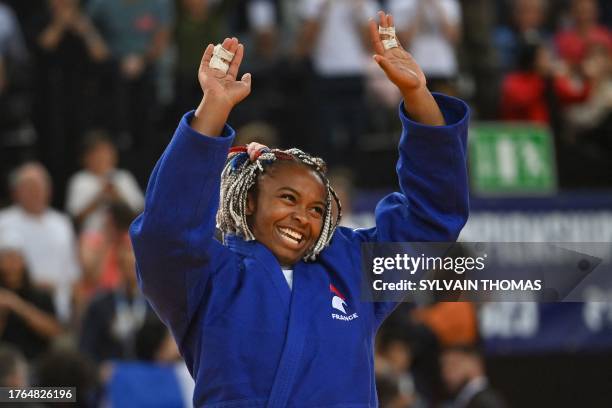 France's Romane Dicko celebrates after defeating Israel's Raz Hershko in the women's +78 kg final during the European Judo Championships 2023 at the...