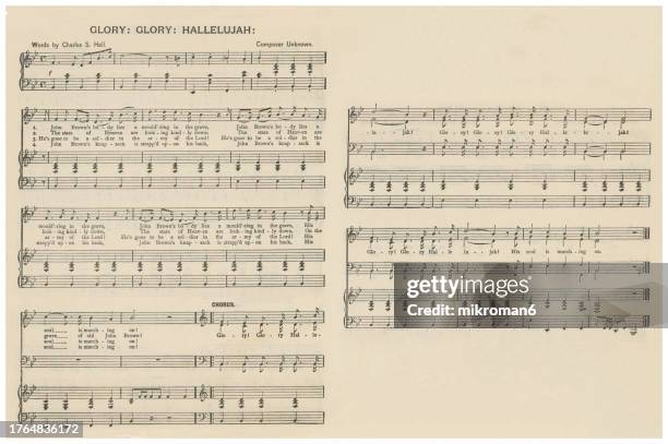 old engraved illustration of sheet music and lyrics of the "battle hymn of the republic", "mine eyes have seen the glory" or "glory, glory hallelujah", a american patriotic song, written by the abolitionist writer julia ward howe - the battle hymn stock pictures, royalty-free photos & images