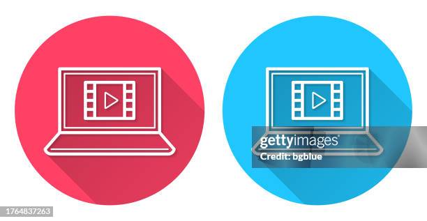 watch video on laptop. round icon with long shadow on red or blue background - netflix stock illustrations