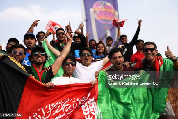 Spectators react in the crowd during the ICC Men's Cricket World Cup India 2023 between Afghanistan and Sri Lanka at MCA International Stadium on...