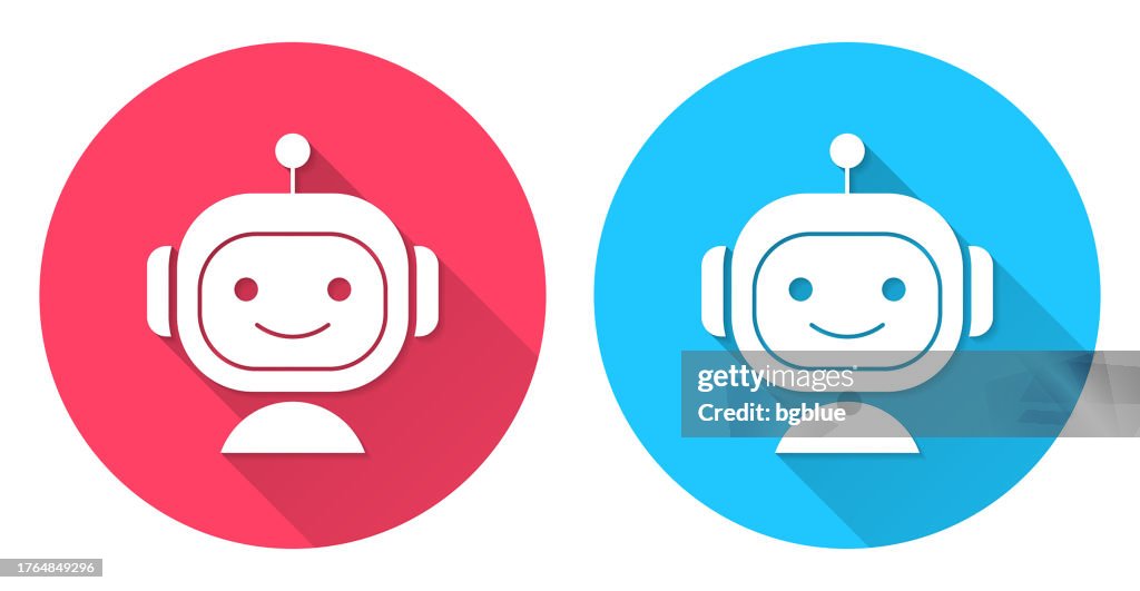 Bot - cara de robot. Icono redondo con sombra larga sobre fondo rojo o azul