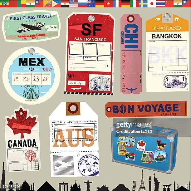 ilustrações, clipart, desenhos animados e ícones de avião retrô de viagem etiquetas - mala de viagem