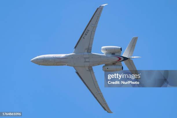 Dassault Falcon 6X aircraft seen taking off and flying during a flight demonstration at International Paris Air Show 2023 in Le Bourget Airport. The...