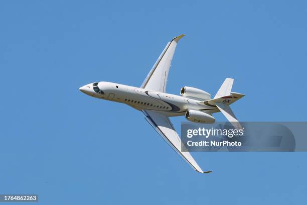 Dassault Falcon 6X aircraft seen taking off and flying during a flight demonstration at International Paris Air Show 2023 in Le Bourget Airport. The...