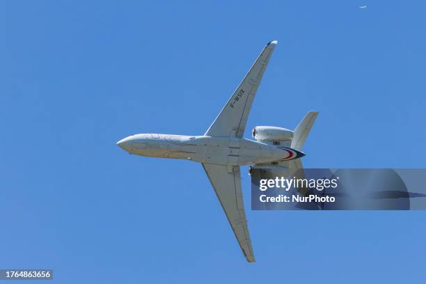 Dassault Falcon 6X aircraft seen taking off and flying during a flight demonstration at International Paris Air Show 2023 in Le Bourget Airport. The...