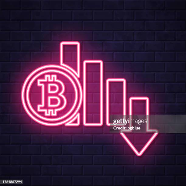 bitcoin rate decrease. glowing neon icon on brick wall background - falling wall stock illustrations