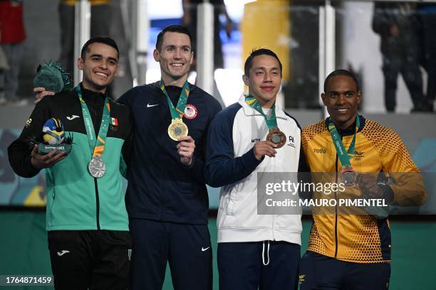 Mexico's Carlos Villarreal, US' Thomas Scott, EAI Allan David Maldonado, and Colombia's Juan Felipe Landazuri pose with their silver, gold and bronze...