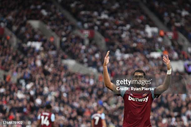 Lucas Paqueta of West Ham United reacts during the Premier League match between West Ham United and Everton FC at London Stadium on October 29, 2023...