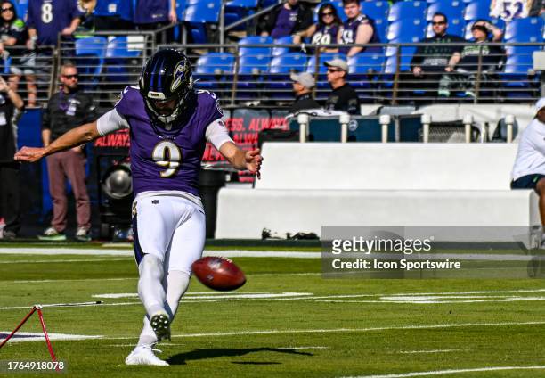 Baltimore Ravens place kicker Justin Tucker warms up prior to the Seattle Seahawks game versus the Baltimore Ravens on November 5, 2023 at M&T Bank...