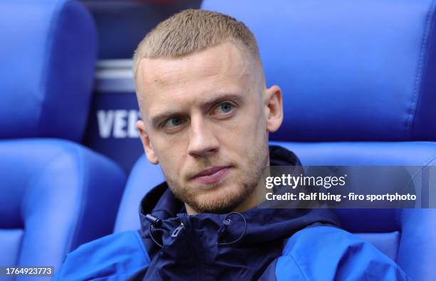 Timo Baumgartl of FC Schalke 04 looks on ahead of the Second Bundesliga match between FC Schalke 04 and Hannover 96 at Veltins Arena on October 28,...