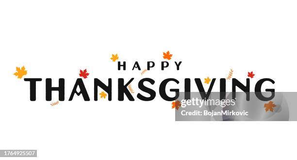 ilustrações de stock, clip art, desenhos animados e ícones de happy thanksgiving text with maple leaf card. vector - happy thanksgiving banner