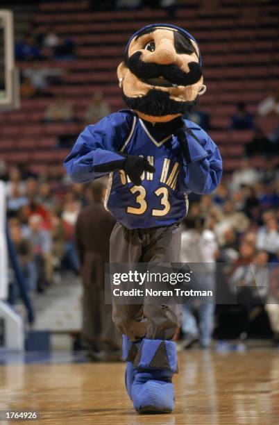 The Pirates' mascot entertains the crowd during the NCAA basketball game between the Seton Hall University Pirates and the Pennsylvania Quakers at...