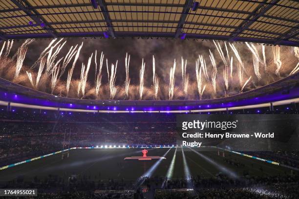 General view of the fireworks after the Rugby World Cup France 2023 Final match between New Zealand and South Africa at Stade de France on October...