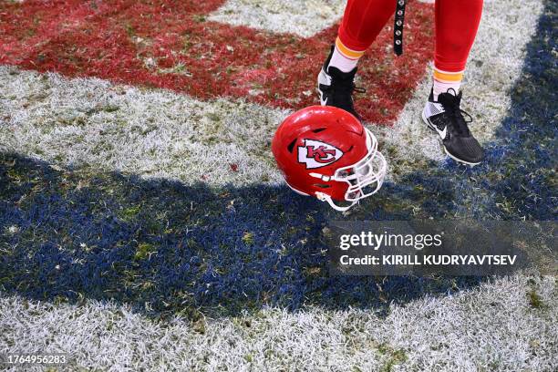 Kansas City Chiefs player's helmet is pictured after the NFL game between Miami Dolphins and Kansas City Chiefs at the Waldstadion in Frankfurt am...