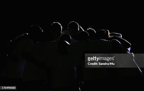 The New Zealand Tall Blacks huddle before the Men's FIBA Oceania Championship match between the New Zealand Tall Blacks and the Australian Boomers at...