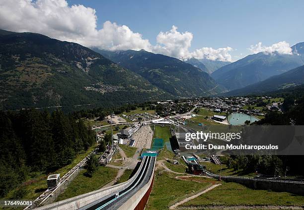 General view of the slope and surrounding mountains as Fredrik Bjerkeengen of Norway competes in the FIS Ski Jumping Grand Prix Mens Training Session...