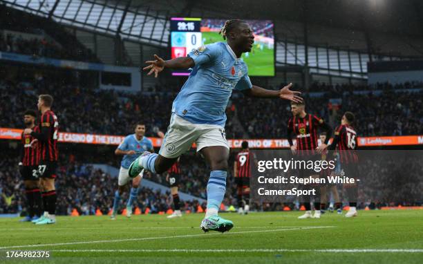 Manchester City's Jeremy Doku celebrates scoring the opening goal during the Premier League match between Manchester City and AFC Bournemouth at...