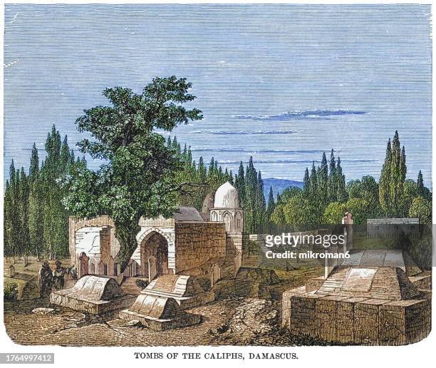 old engraved illustration of tombs of the caliphs, damascus - capital of syria, the oldest capital in the world and, according to some, the fourth holiest city in islam - aleppo stock pictures, royalty-free photos & images