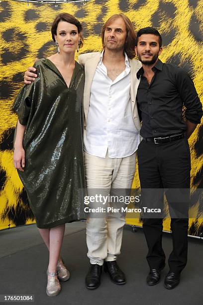 Actress Camille Rutherford, Director Thomas Imbach and Actor Mehdi Dehbi attend 'Mary Queen of Scots' photocall during the 66th Locarno Film Festival...