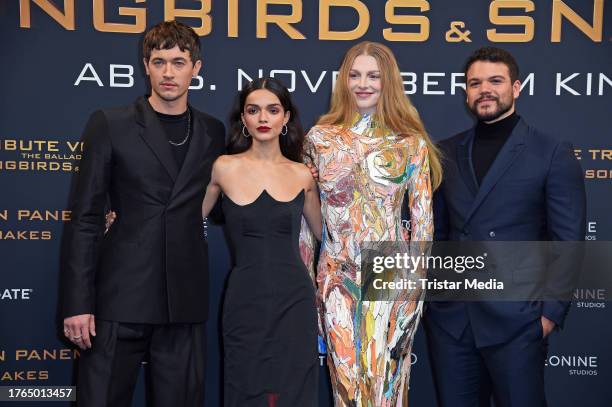 British actor Tom Blyth, US actress and singer Rachel Zegler, US actress and model Hunter Schafer and US actor Josh Andres Rivera attend the "Die...