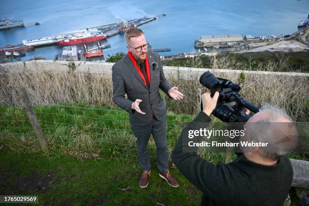 Lloyd Russell-Moyle MP for Brighton Kemptown is interviewed before attempting to gain access to the Bibby Stockholm immigration barge at Portland...