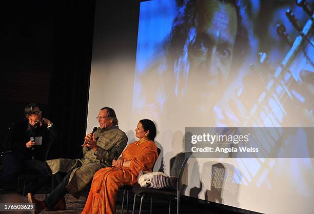 Vice President of the GRAMMY Foundation Scott Goldman, filmmaker Alan Kozlowski and Ravi Shankar's wife Sukanya Shankar onstage during Reel To Reel:...