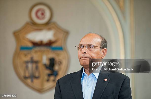 Tunisian President Moncef Marzouki prior a meeting with German Foreign Minister Guido Westerwelle on August 14, 2013 in Tunis. Westerwelle is on a...