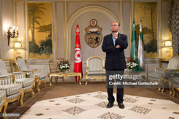 Tunisian President Moncef Marzouki prior a meeting with German Foreign Minister Guido Westerwelle on August 14, 2013 in Tunis. Westerwelle is on a...