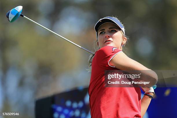 Lexi Thompson of the USA hits her tee shot on the 16th hole during a practice round for the 2013 Solheim Cup on August 14, 2013 at the Colorado Golf...