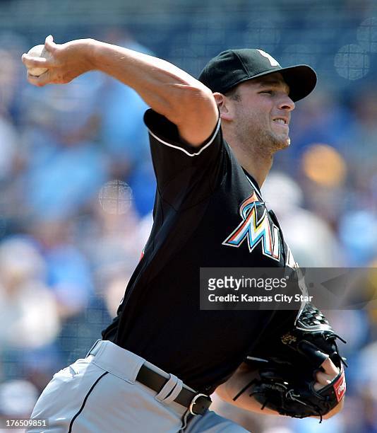 Jacob Turner of the Miami Marlins pitches against the Kansas City Royals on Wednesday, August 14 in Kansas City, Missouri.