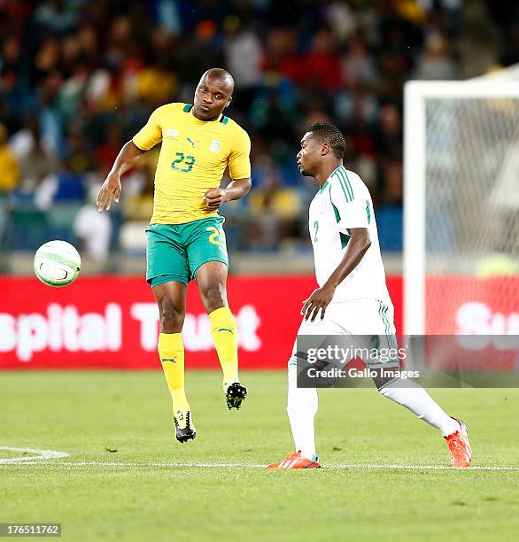 Tokelo Rantie of South Africa clears the ball during the 2013 Nelson Mandela Challenge match between South Africa and Nigeria at Moses Mabhida...