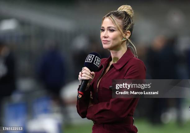 Diletta Leotta of DAZN before the Serie A TIM match between FC Internazionale and AS Roma at Stadio Giuseppe Meazza on October 29, 2023 in Milan,...