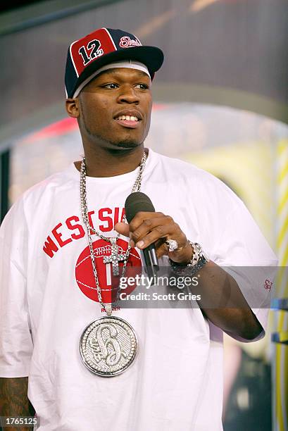 Rapper 50 Cent appears on MTV's "TRL" at the MTV Times Square Studios February 6, 2003 in New York City.