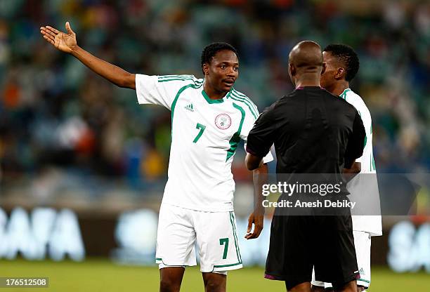 Ahmed Musa of Nigeria appeals to the referee during the 2013 Nelson Mandela Challenge match between South Africa and Nigeria at Moses Mabhida Stadium...