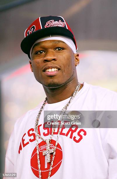 Rapper 50 Cent appears on MTV's "TRL" at the MTV Times Square Studios February 6, 2003 in New York City.