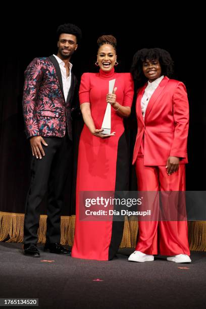 Wayne Bucknor Jr., Ava DuVernay and Kyra Heron speak pose onstage at the Virtuoso Director Award Presentation during the 26th SCAD Savannah Film...