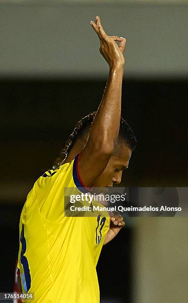 Freddy Guarin of Colombia celebrates after scoring during the International Friendly match between Colombia and Serbia at the Mini Estadi Stadium on...