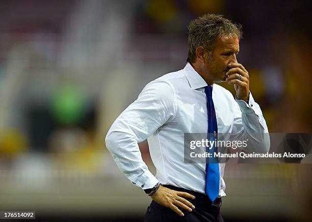 Head coach of Serbia Sinisa Mihajlovic reacts during the International Friendly match between Colombia and Serbia at the Mini Estadi Stadium on...