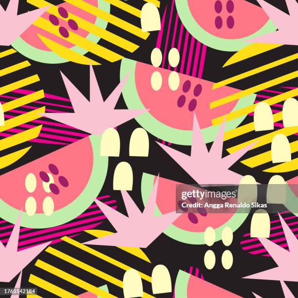 flat design tropical seamless pattern with watermelon and abstract colorful geometric pattern - melon pattern stock illustrations